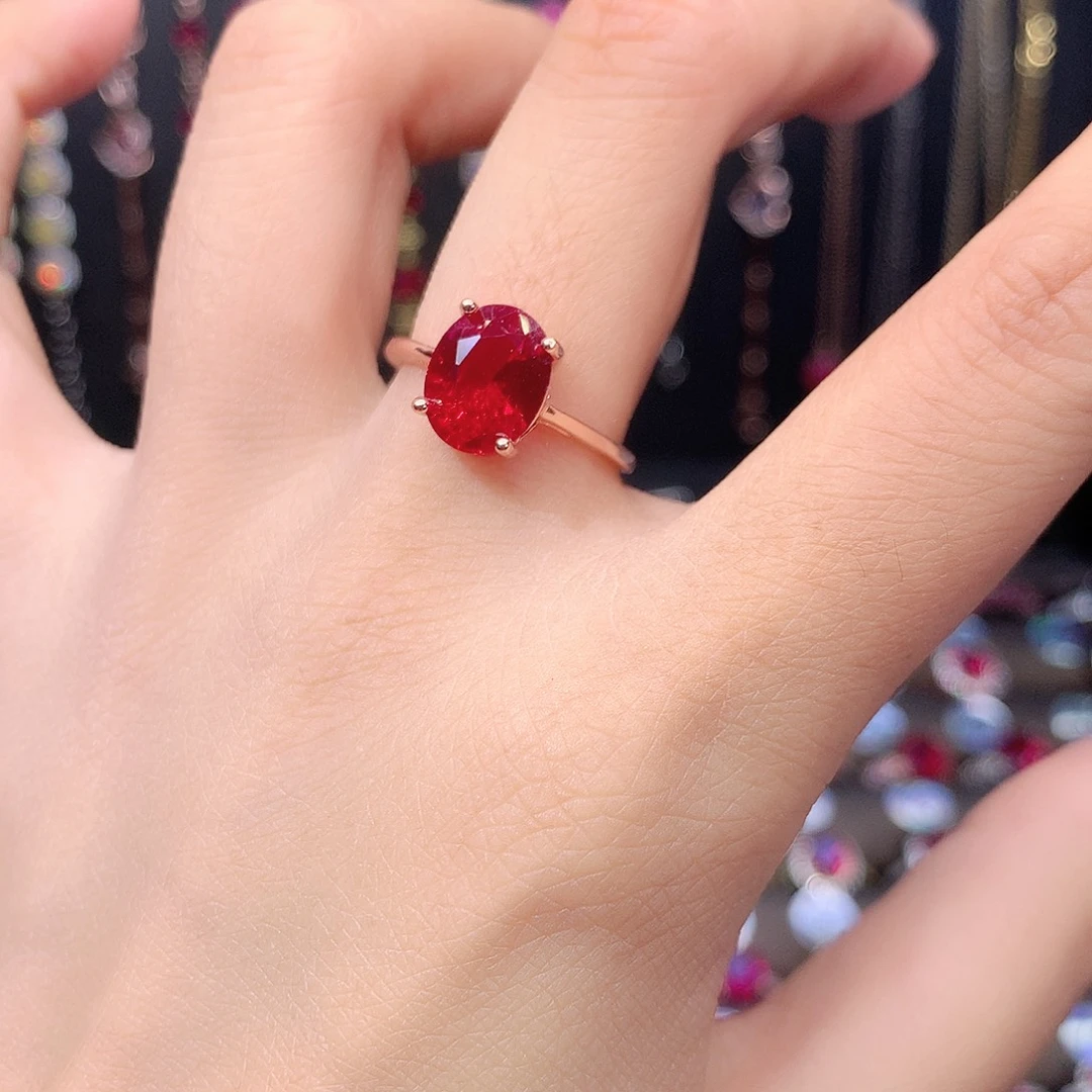 红宝石戒指银S925镶嵌玫瑰金酒红810