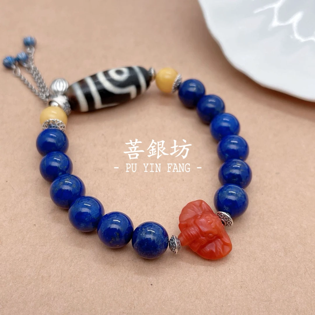 【菩银坊】925银 青金石莲花流苏手链 9mm