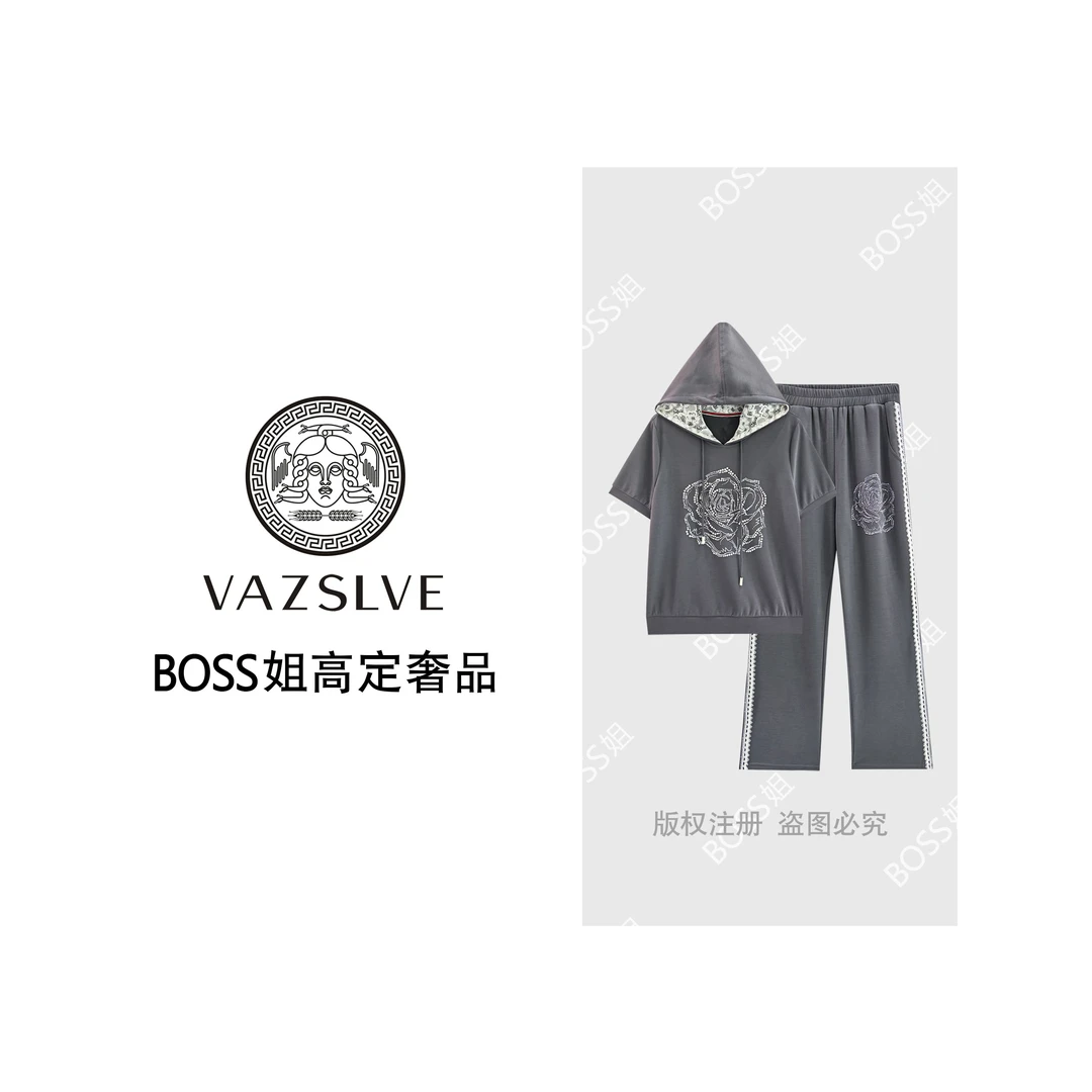 【VAZSLVE/原创设计】烫钻山茶花拼接蕾丝连帽套装TZ5833