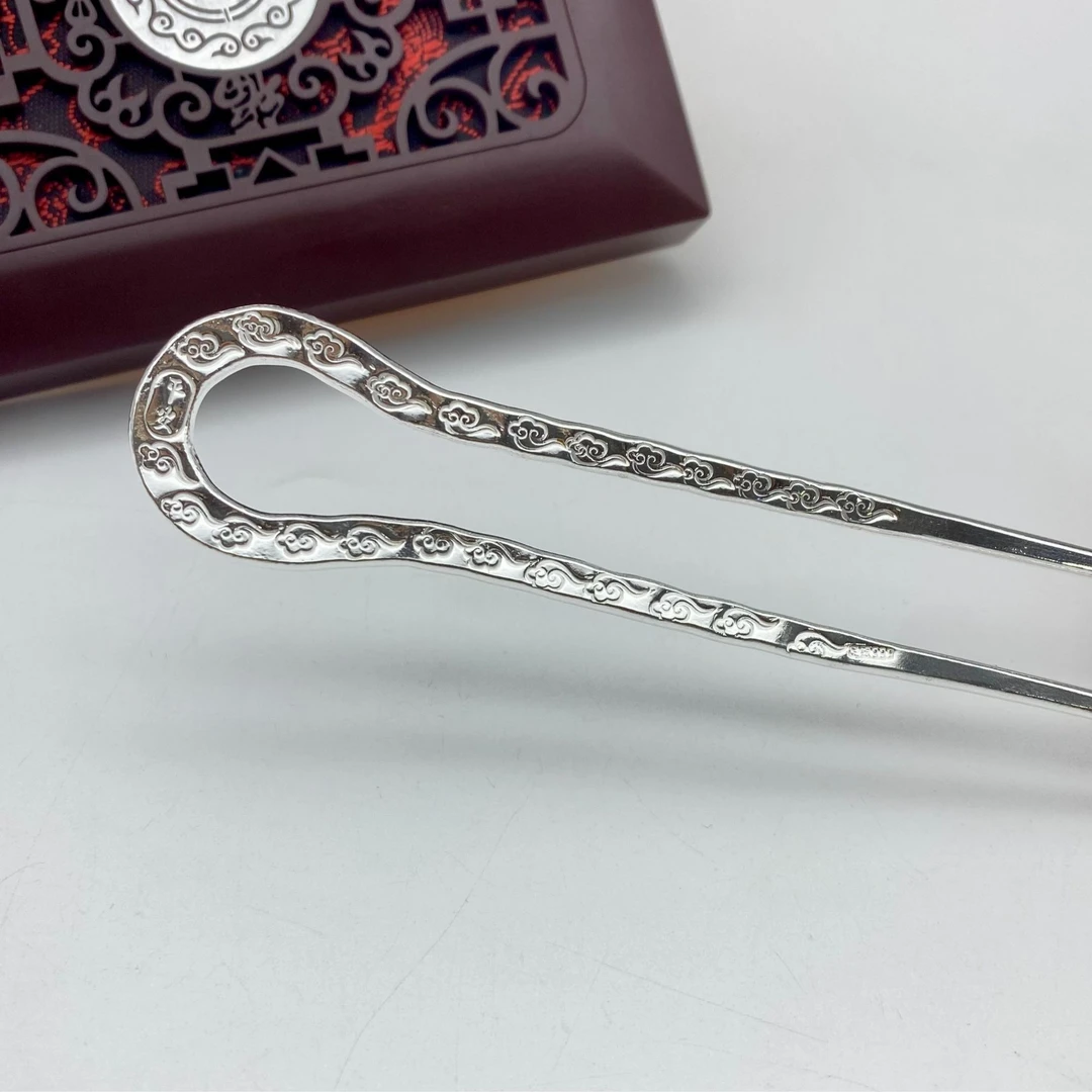 足银银制品 【祥云/四叶草钗】足银999纯手工中式锤纹发饰发钗