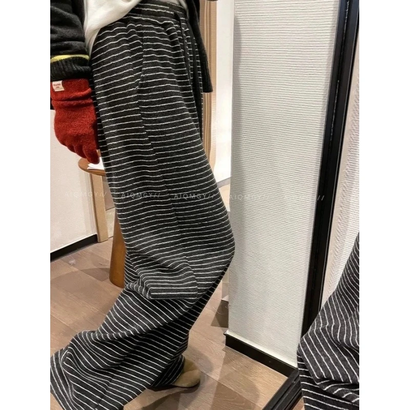 加绒加厚条纹休闲裤女冬季新款显瘦胖mm梨形身材小个子阔腿拖地裤