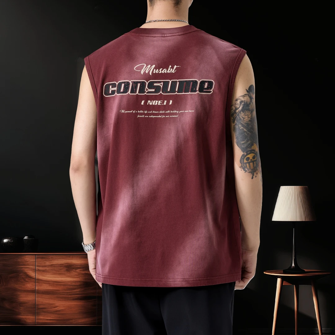 260g重磅纯棉无袖T恤男夏季2025新款潮牌渐变水洗运动健身背心男