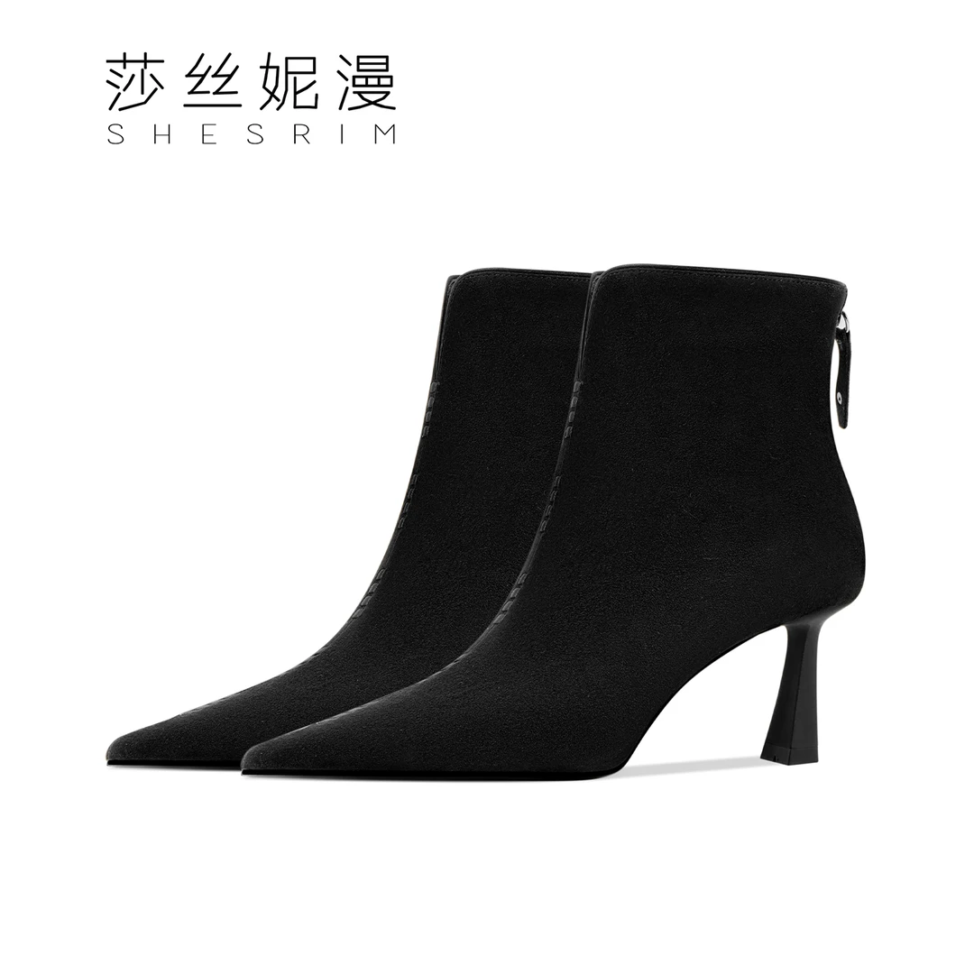 2025冬季高跟尖头欧美尖头方跟后拉链短靴裸靴冬季时装靴白色