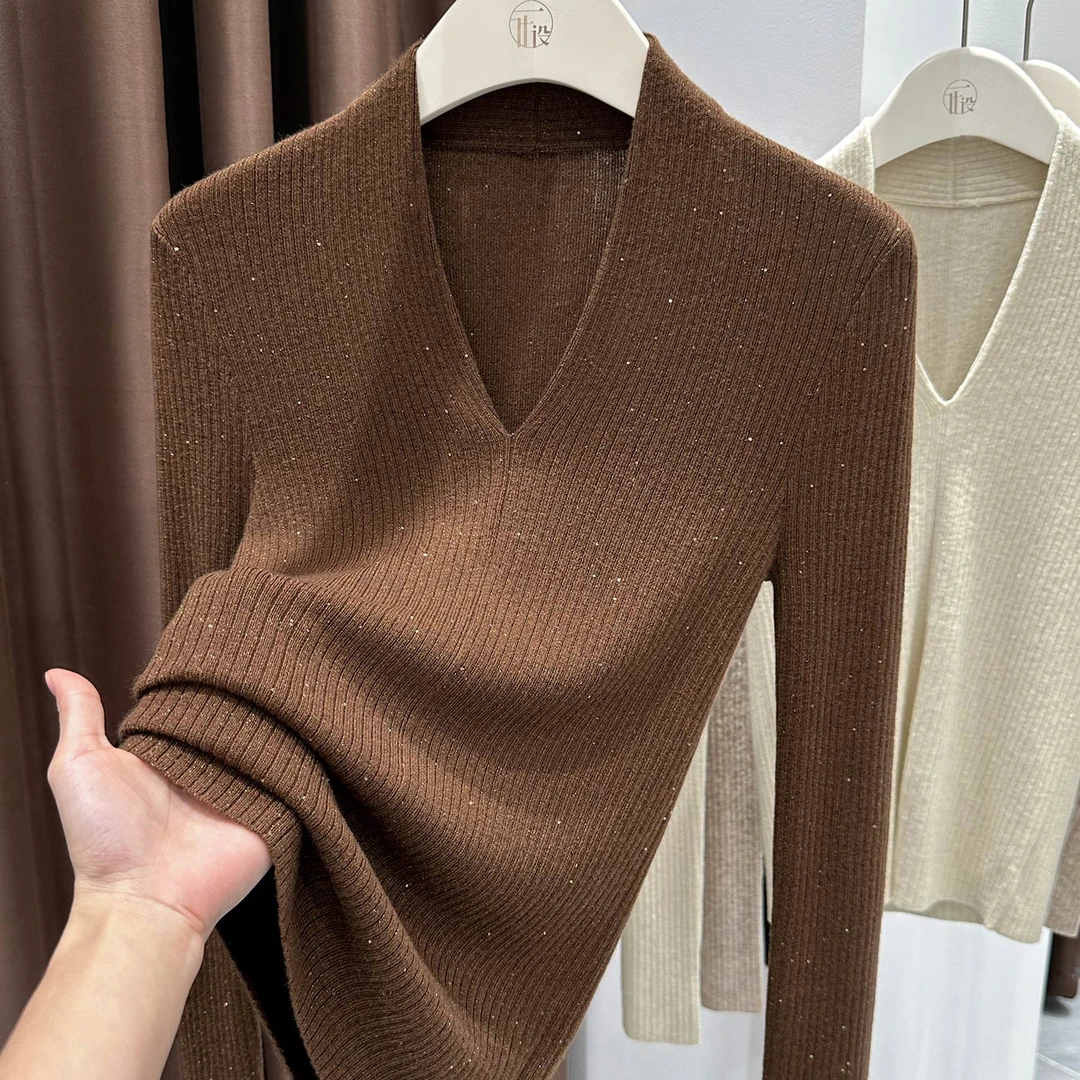 咖色简约深V领坑条针织衫女秋冬新款显瘦套头上衣微弹软糯长袖T恤