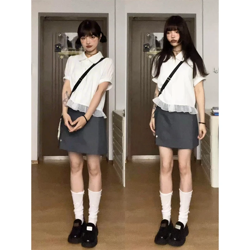 2025新款女士夏季可酷可甜复古娃娃领蕾丝拼接衬衫高腰显瘦半身裙