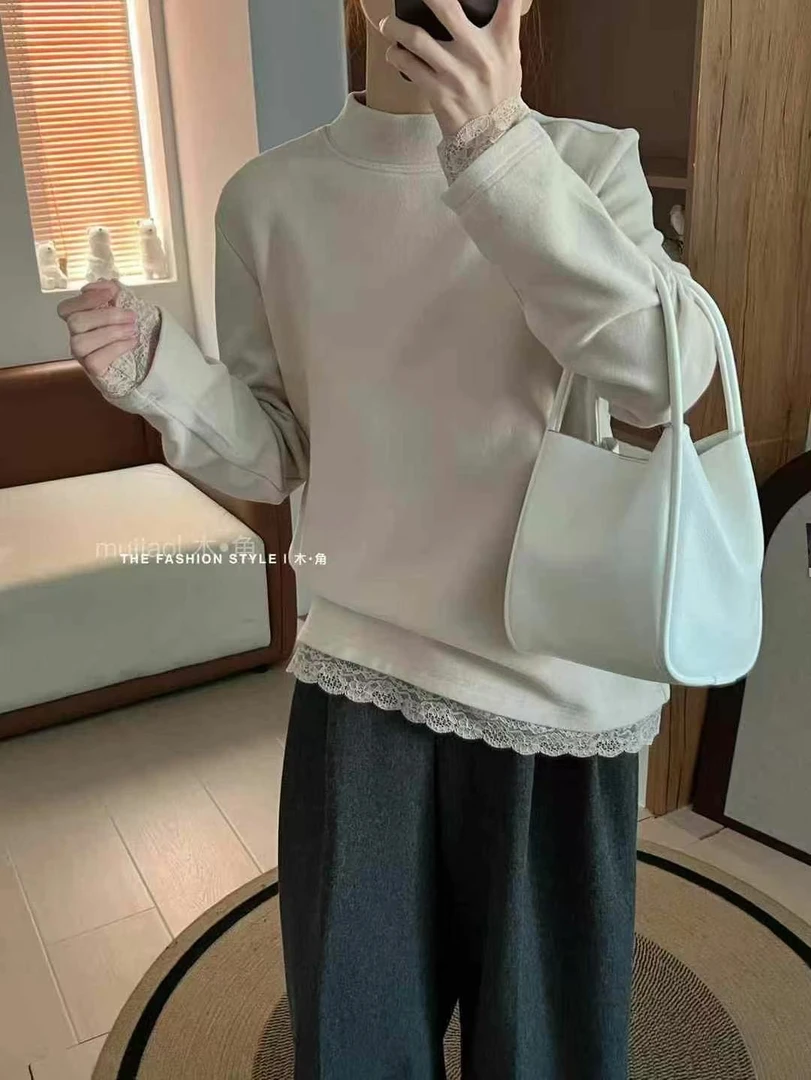 【丽鑫】10676双面德绒蕾丝花边打底衫