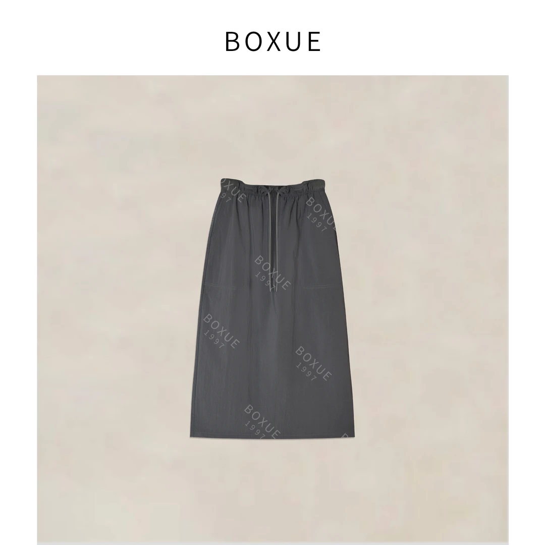 BOXUE“智性灰调”2025优雅洗水肤抽绳收腰半身裙 裙子#250326Q1344