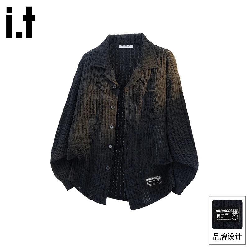 it :CHOCOOLATE黑色纹理感长袖衬衫男士春秋季翻领上衣服初秋外套