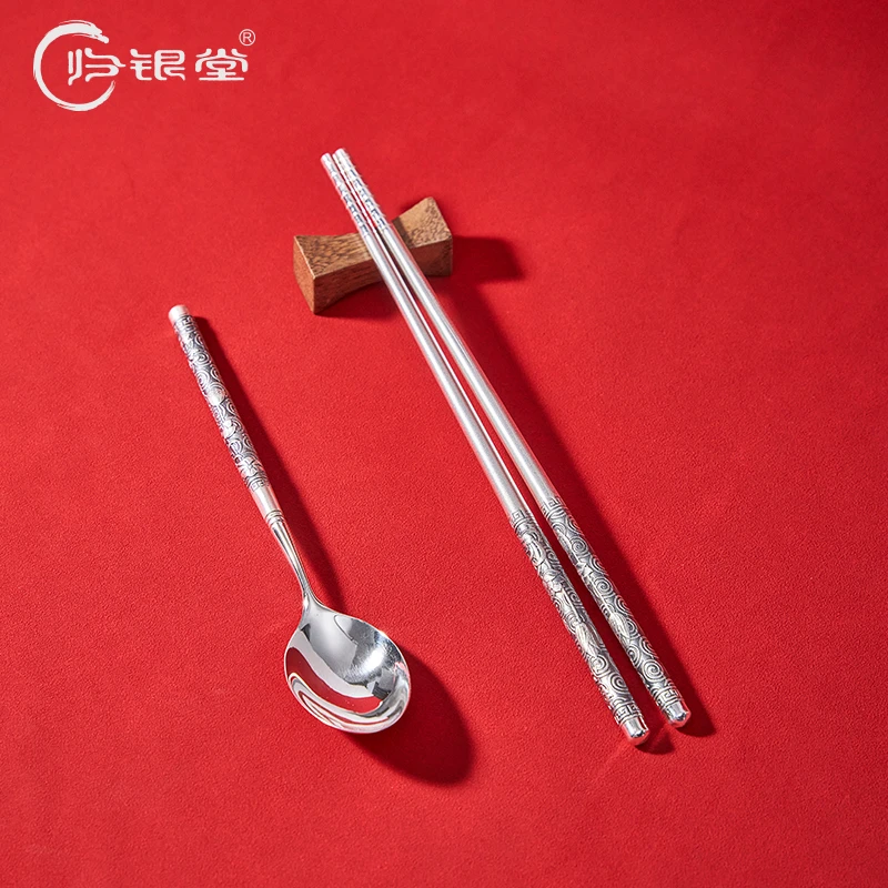 归银堂 足银银制品 复古禅心银筷子餐具立体浮雕古法银器银筷子
