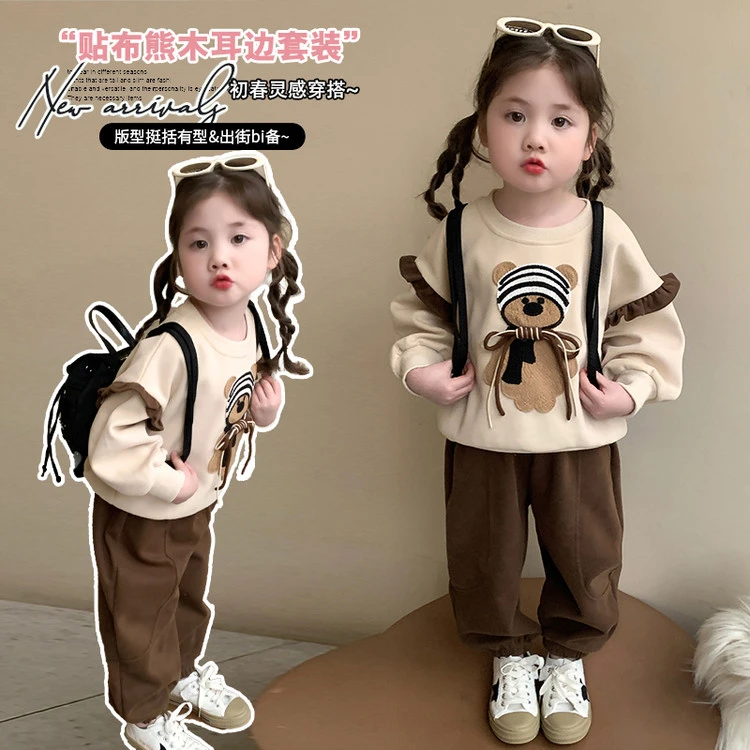 戴维【秋冬新款】2025新款春装女童贴布熊木耳边可爱百搭休闲儿童时