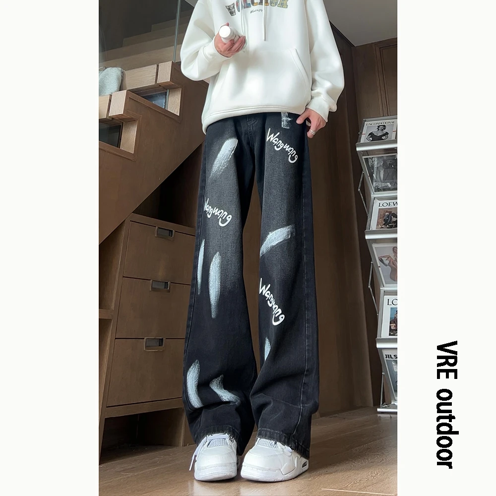 美式高街泼墨字母涂鸦牛仔裤男秋季潮牌痞帅裤子炸街显瘦微喇长裤