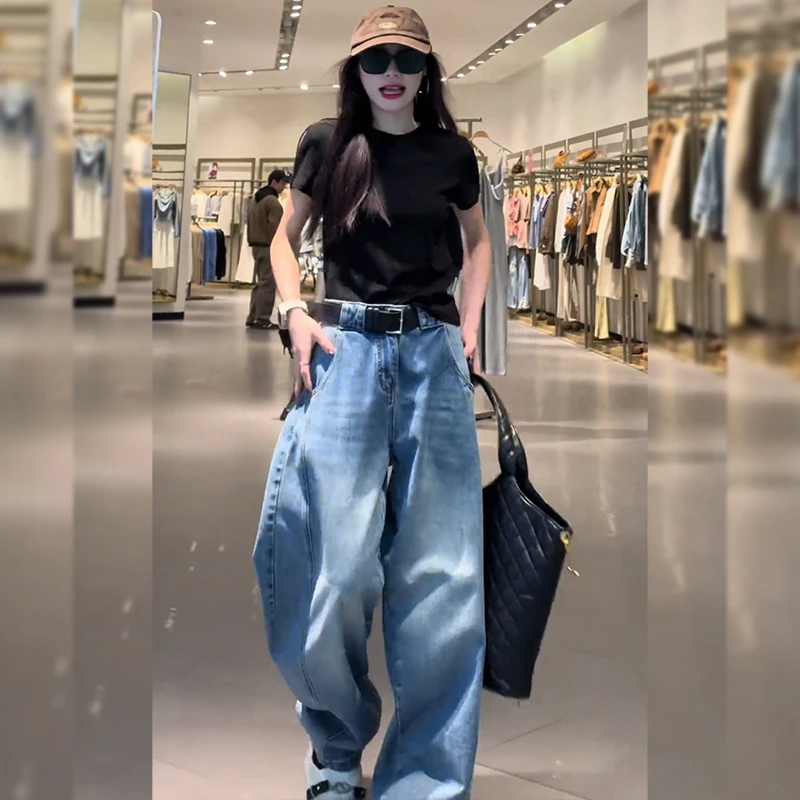 复古设计感弯刀牛仔裤女春秋新款大码梨形身材小个子宽松阔腿长裤