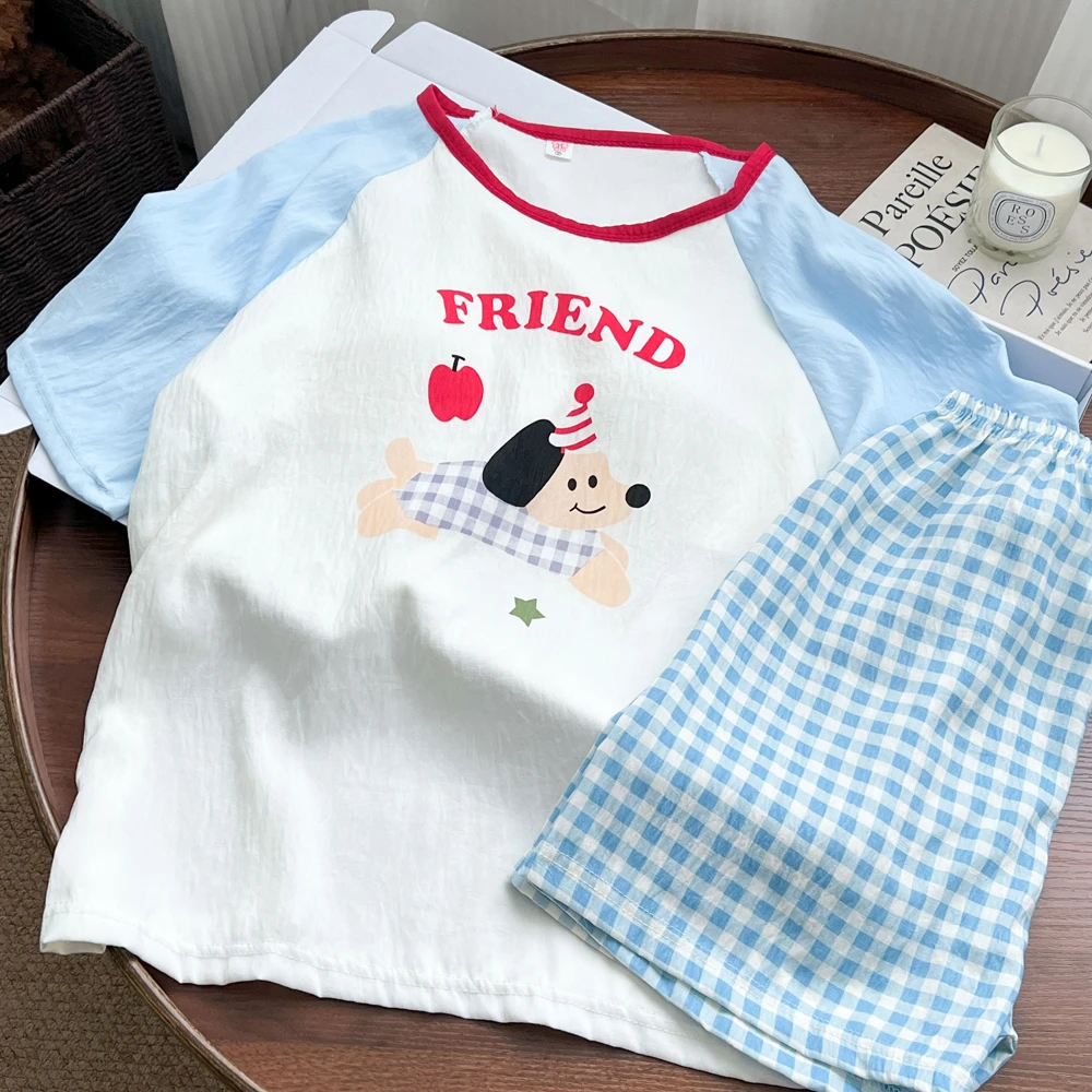 带胸垫一体睡衣女套装夏季韩版宽松可外穿胸垫学生宿舍家居服套装