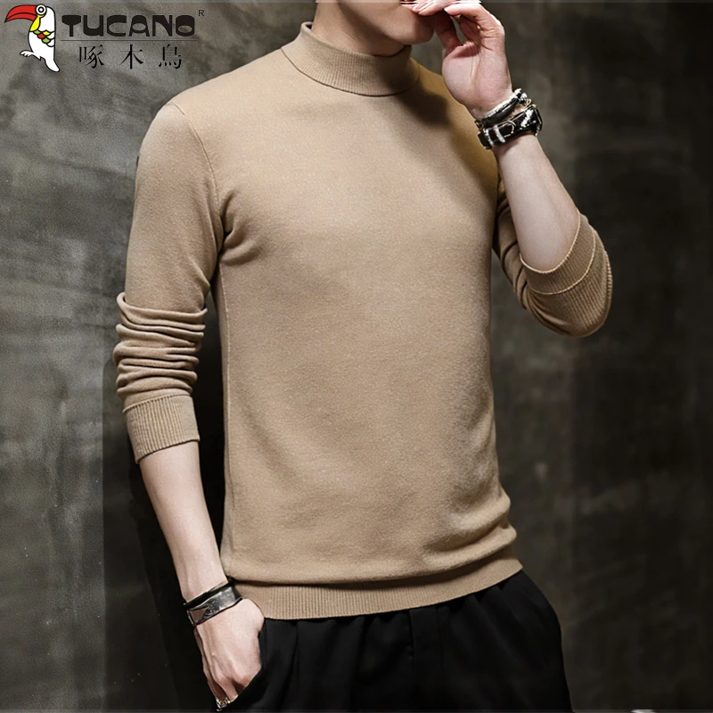 啄木鸟秋季长袖毛衣半高领纯色潮流针织衫宽松休闲加厚打底衫