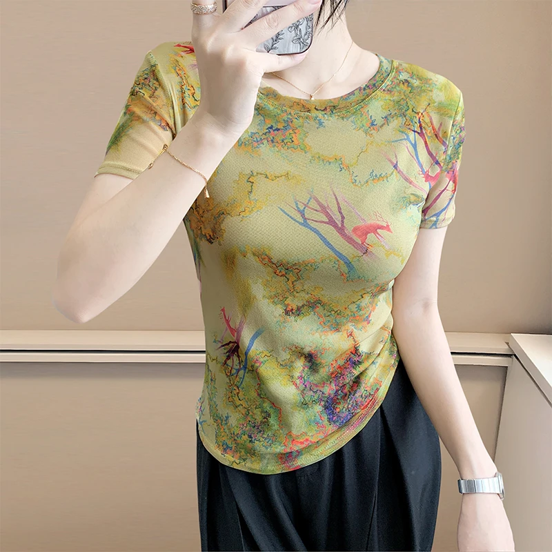 复古印花短袖T恤女装2025夏季新款百搭弹力纱衣修身半袖上衣小衫