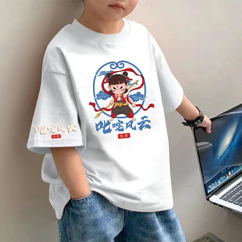 哪吒国潮风男童短袖t恤男孩子夏季纯棉圆领百搭半袖上衣儿童童装