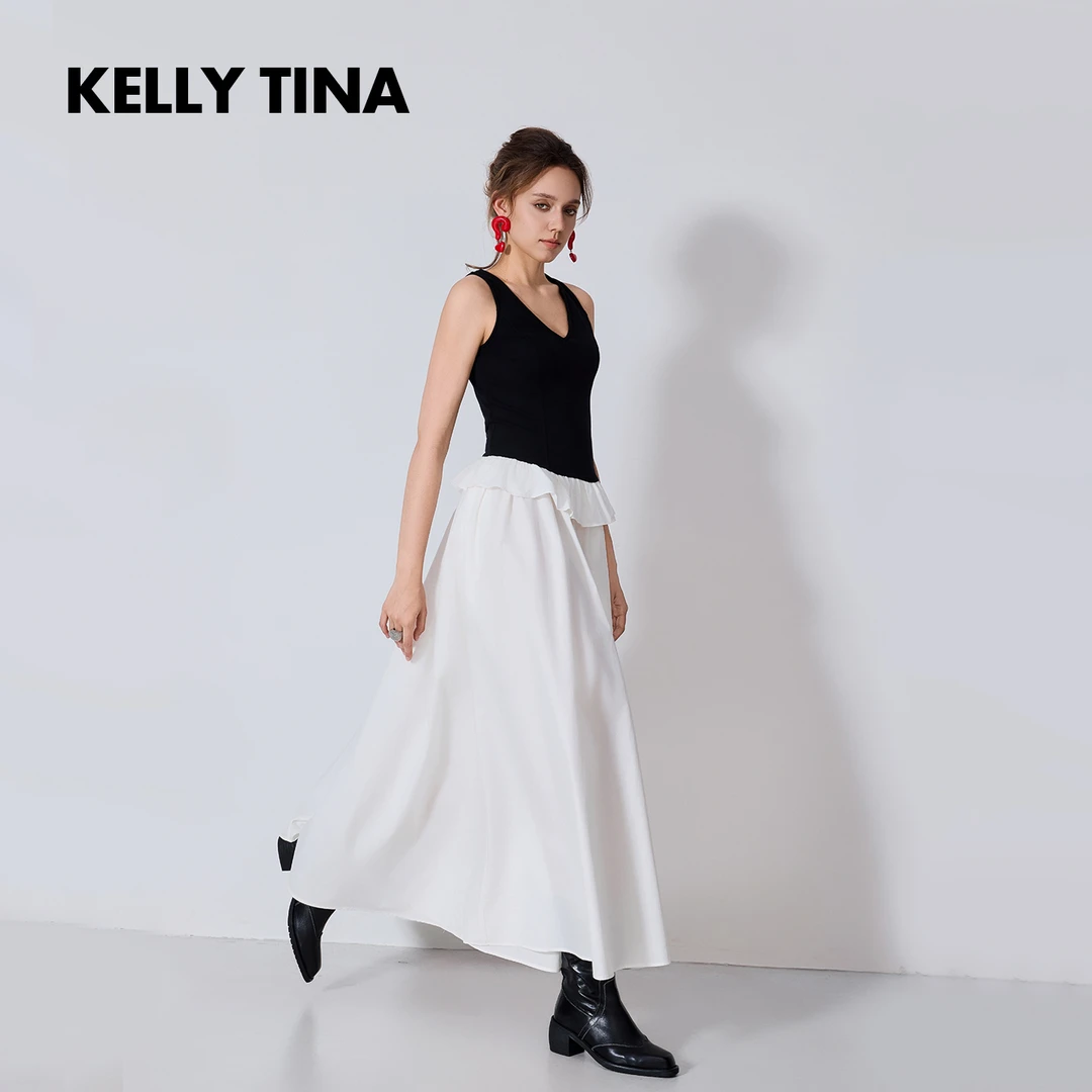 KELLY TINA高级感气质背心连衣裙2025春夏新款荷叶边拼色连衣裙女