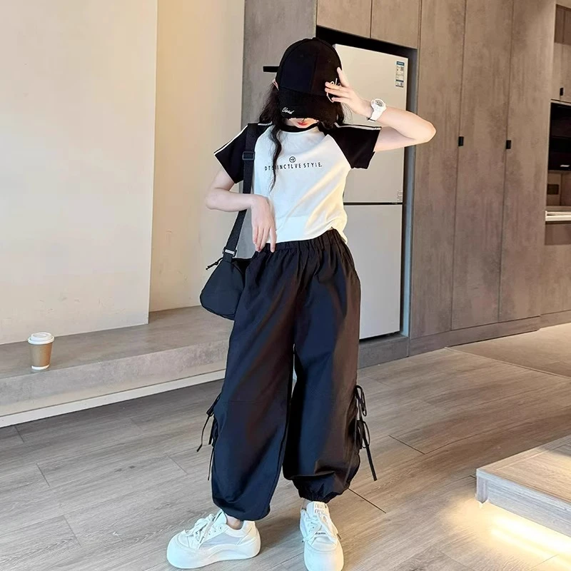 女童女孩新款儿童洋气酷飒速干工装裤中女大童女孩女童夏装套装