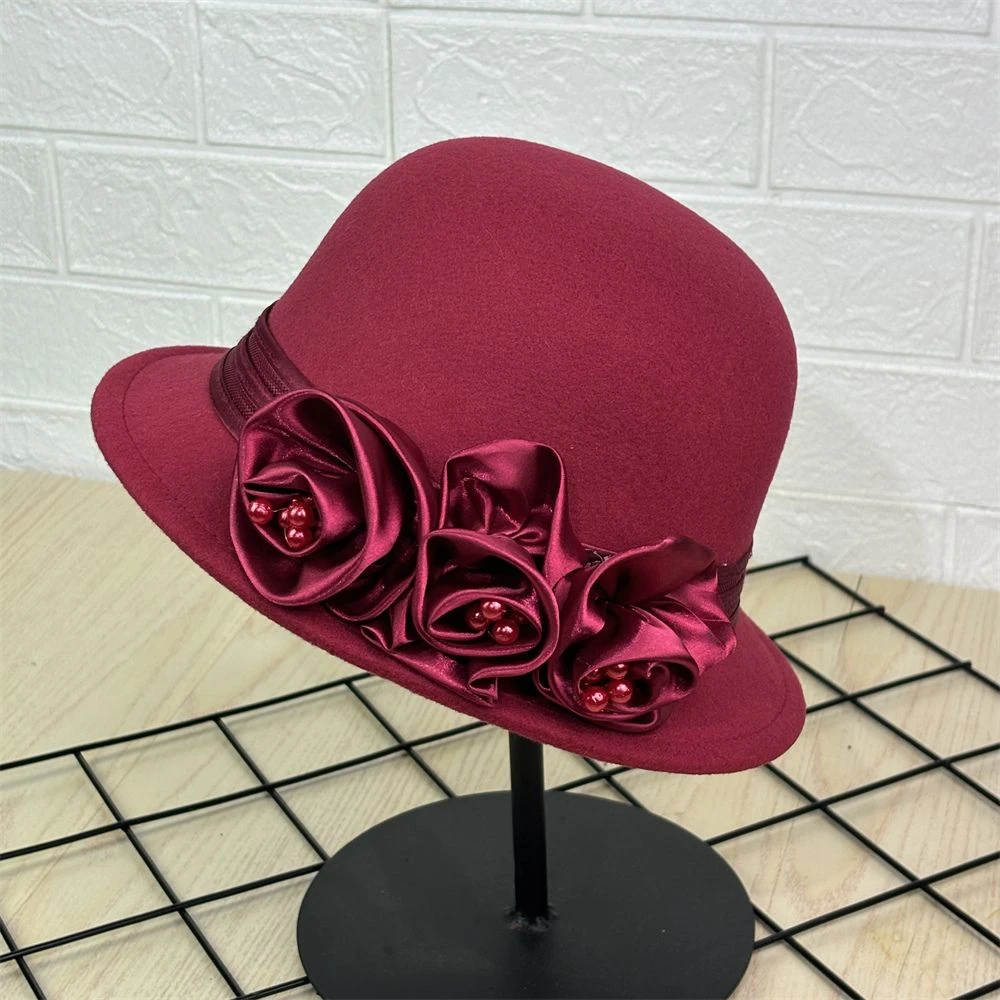 中老年帽子女冬保暖渔夫帽妈妈秋冬百搭花朵礼帽英伦时尚毛呢盆帽