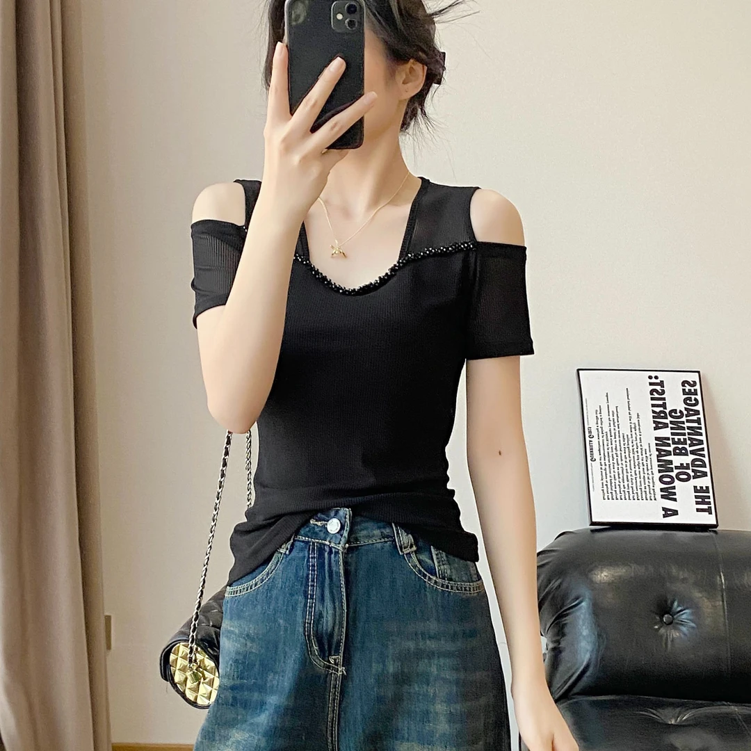 高质量弹力露肩洋气衣服网纱短袖女款爆款2025新款独特漂亮小衫t