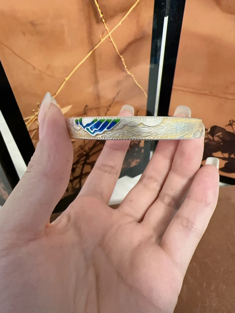 足银银制品 18珐琅彩千里江山手镯开口款