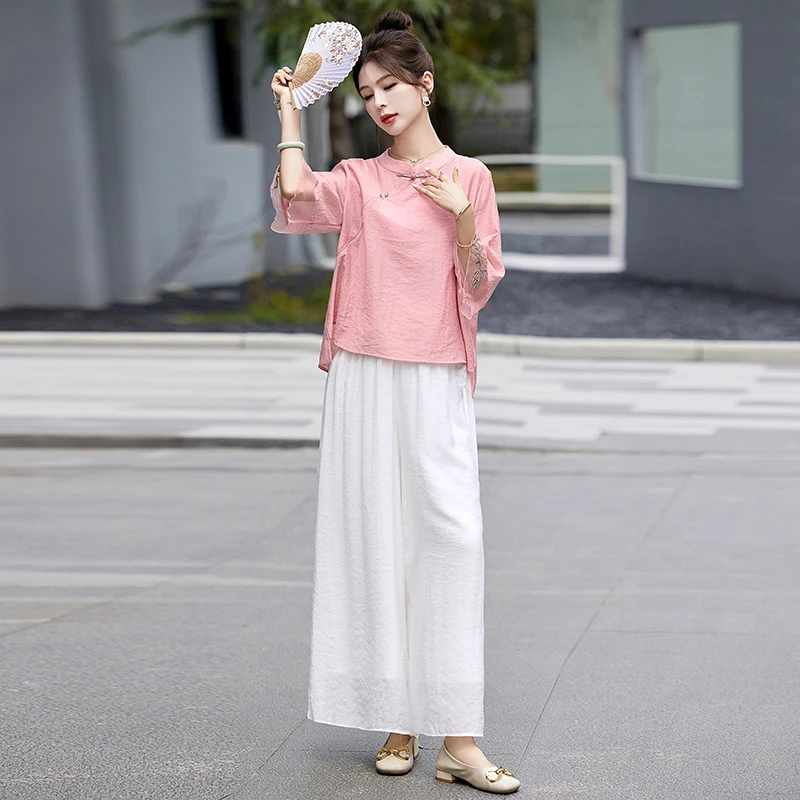 中式国风天丝麻套装2025夏新款复古时尚减龄两件套盘扣绣花阔腿裤