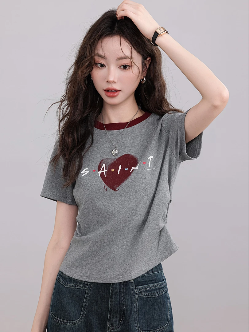 拼色印花t恤女短袖夏季2025新款修身款上衣灰色正肩打底衫圆领衫