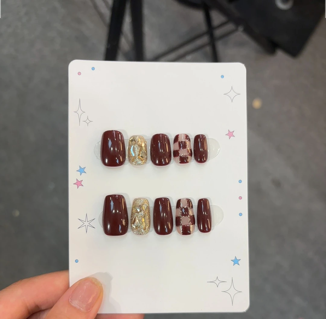 【暗红棋盘格】设计师定制轻奢纯手工穿戴甲