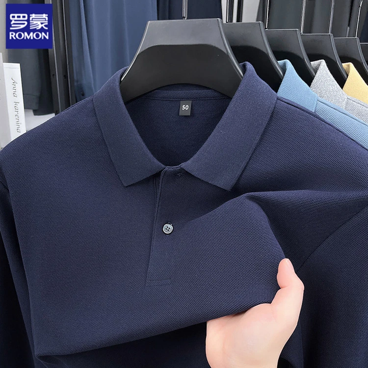 Romon/罗蒙春季新款男士长袖polo衫商务休闲纯棉翻领t恤上衣纯色