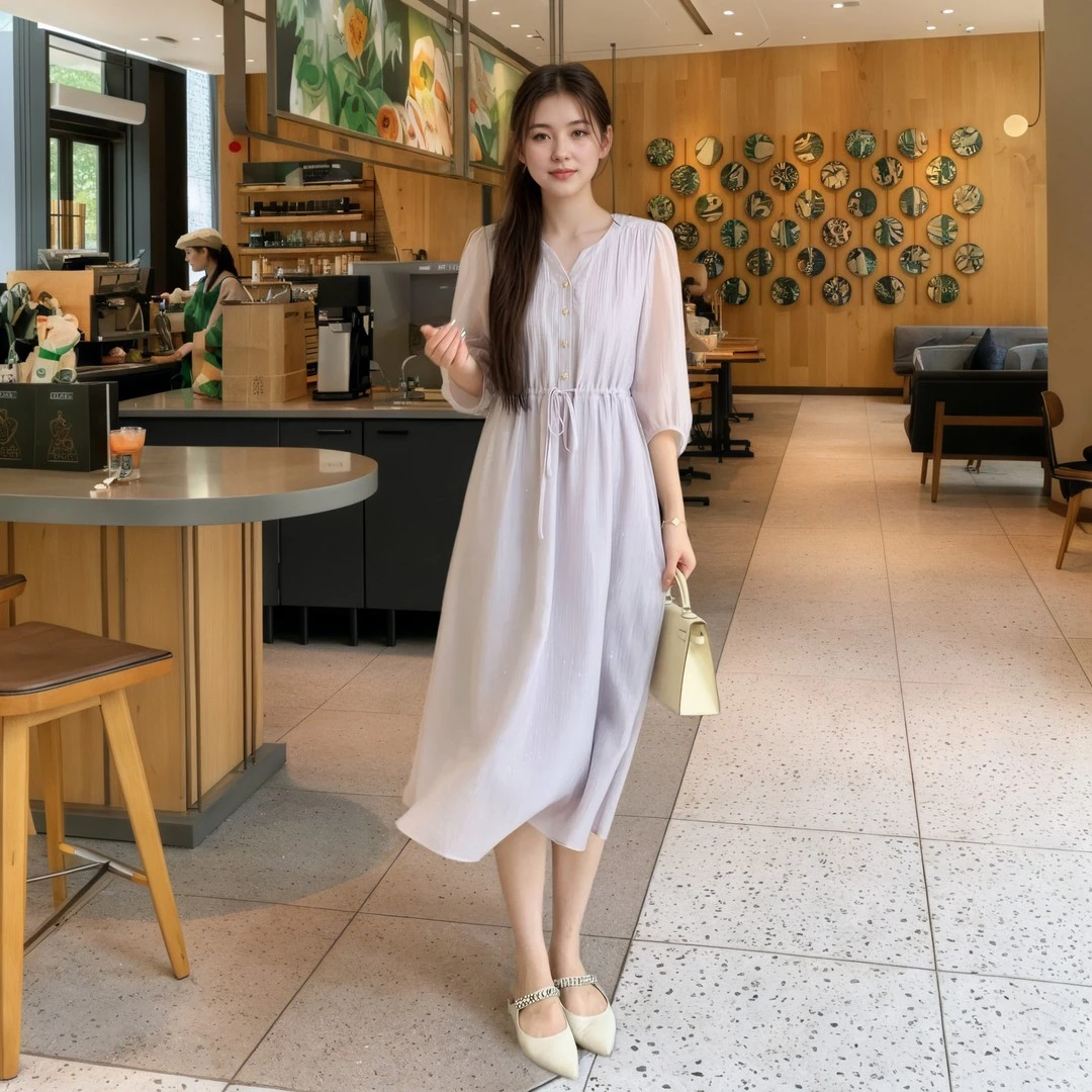 漫银河闪闪撒银夏季显瘦紫色连衣裙女中长款气质收腰抽绳衬衫裙潮