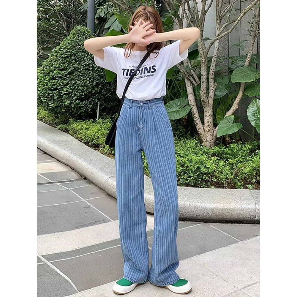 039设计感小众浅色条纹高腰阔腿牛仔裤女春秋季拖地长裤