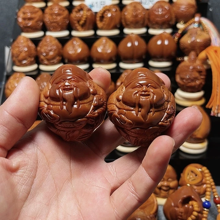 橄榄核把件沉*大尺财神一对两个手把件小财神高配003