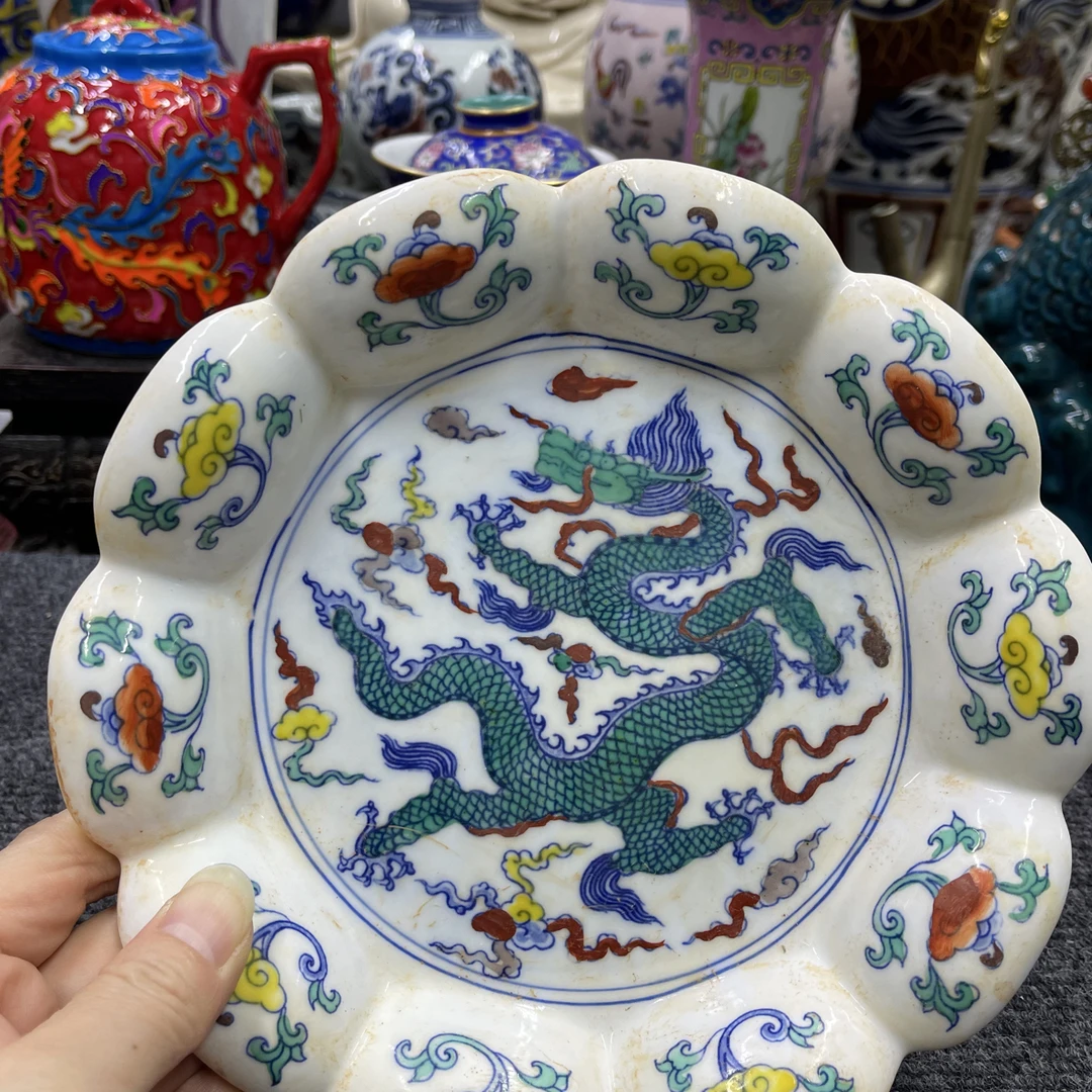 斗彩花边口海水龙壶承果盘