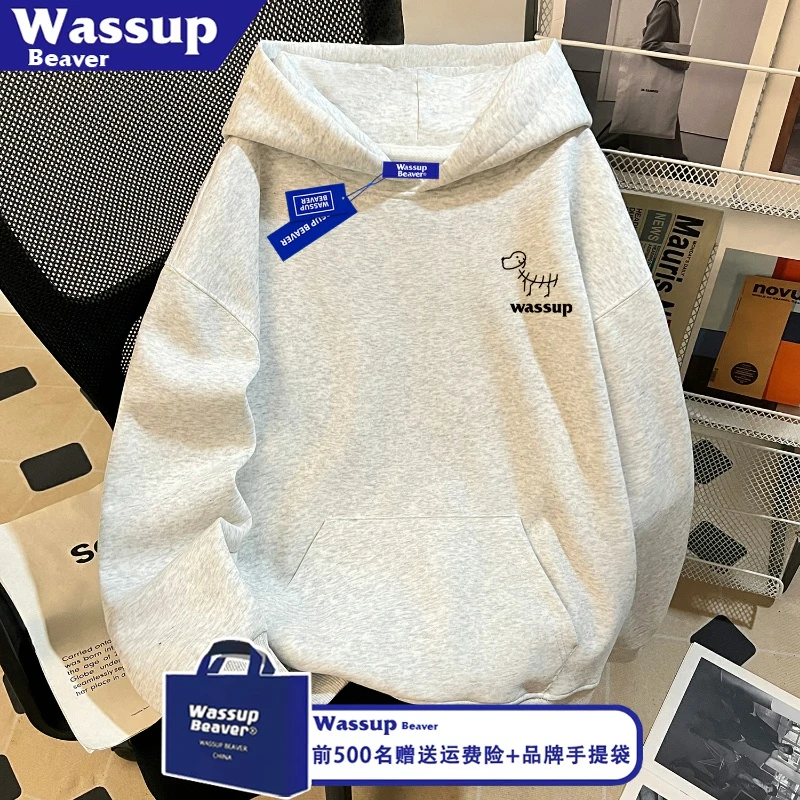 WASSUP BEAVER美式复古连帽卫衣男女秋冬季宽松加绒情侣上衣