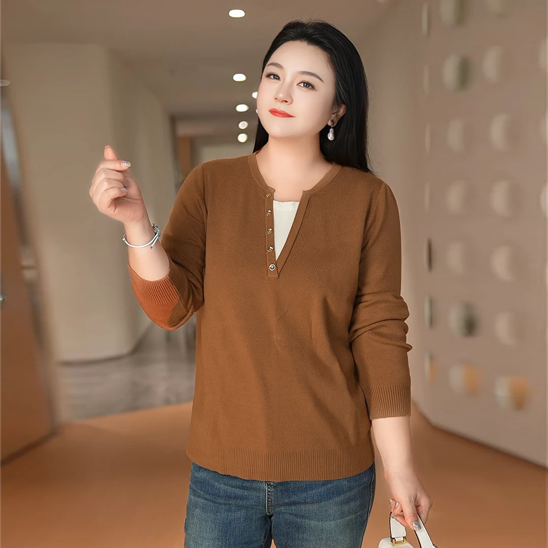 【秋日私语】MsShe大码女装2025秋装撞色假两件套头毛衣J~B2509002