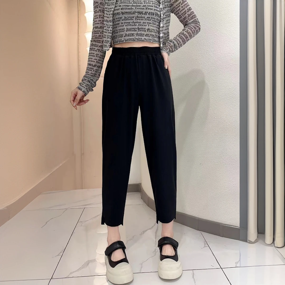 鲸鱼大码#新款女士黑色显瘦运动裤时尚百搭宽松高弹力直筒休闲裤