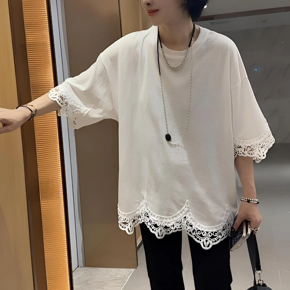 【芬芬姐精选】春季长袖薄款休闲百搭蕾丝边短袖圆领T恤5098