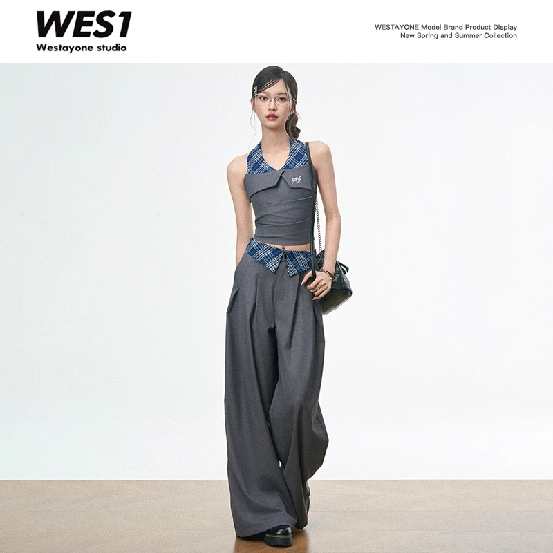 【新品1】WESTAYONE拼接挂脖吊带背心女春夏季通勤阔腿裤条纹