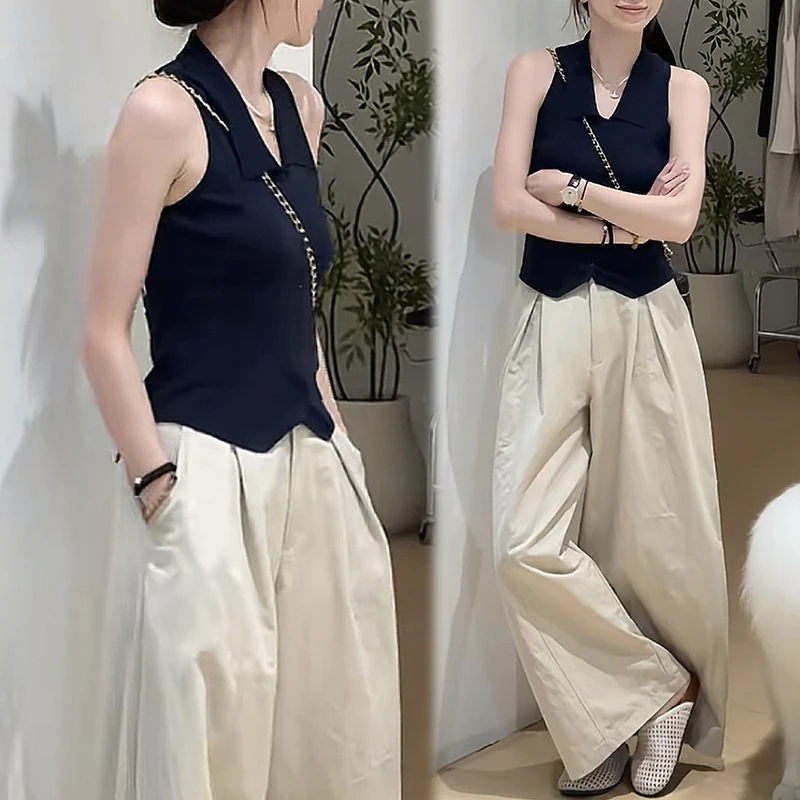 休闲套装女夏季韩系休闲时尚百搭无袖上衣+宽松直筒阔腿两件套潮
