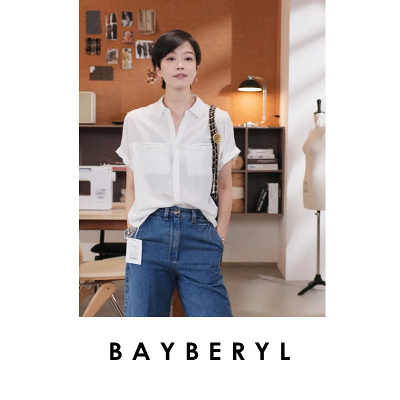 BAYBERYL老贝知性演绎*双绉黑白通勤口袋夏短袖衬衫NCY5F1205-7/2