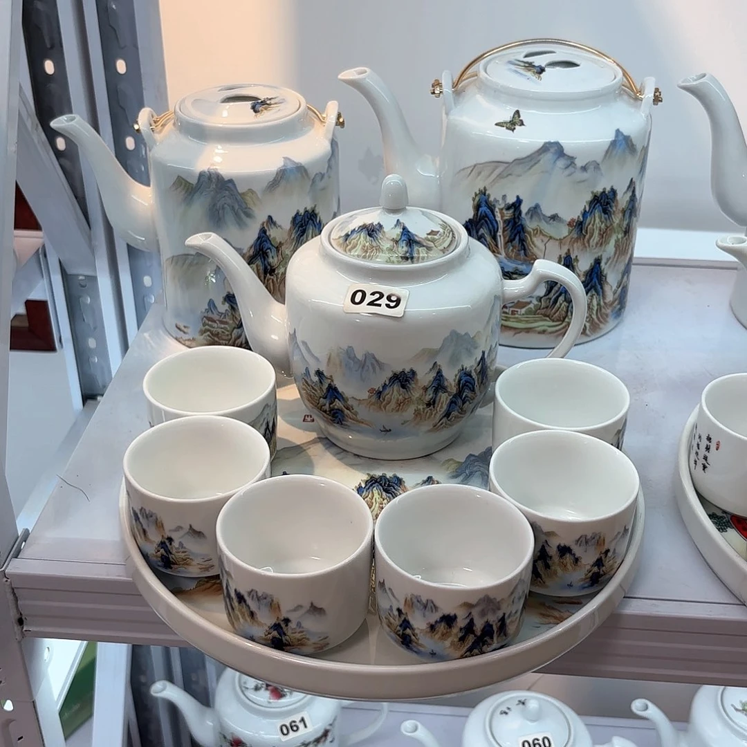 壶千里江山图侧把壶➕六个杯子➕茶盘