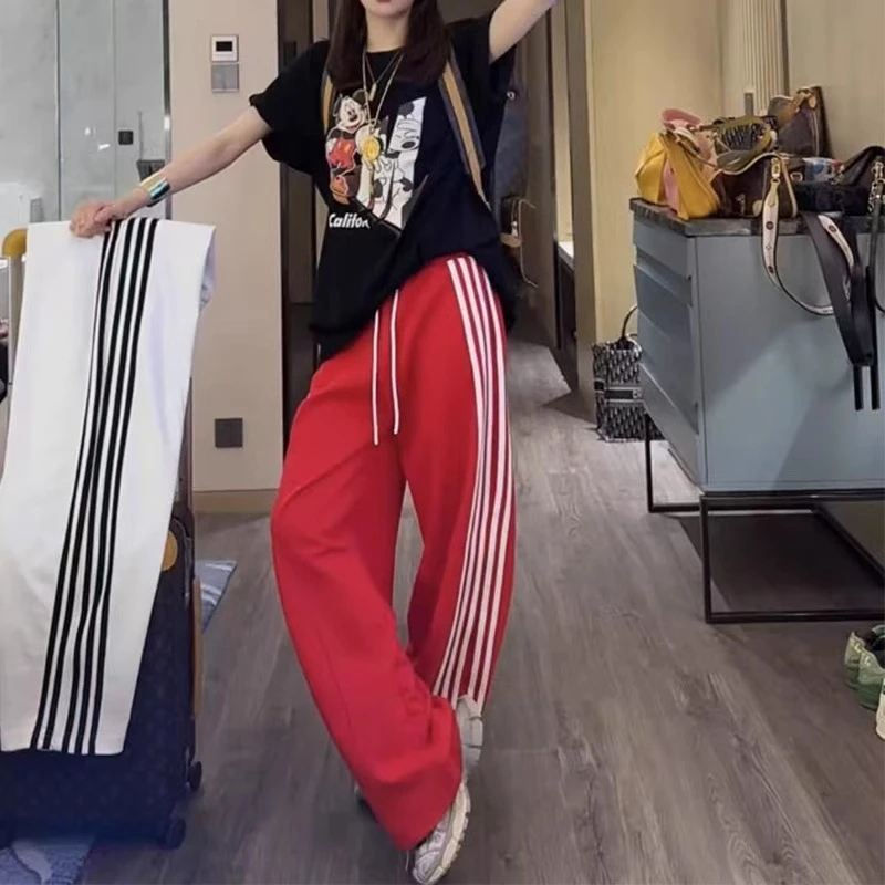 撞色条纹拼接直筒休闲裤女2025夏季新款高腰阔腿裤宽松拖地长裤子