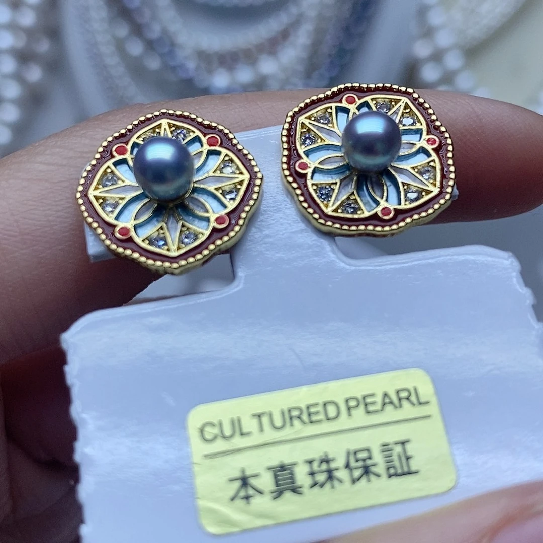 银S925镶嵌耳钉淡水珍珠