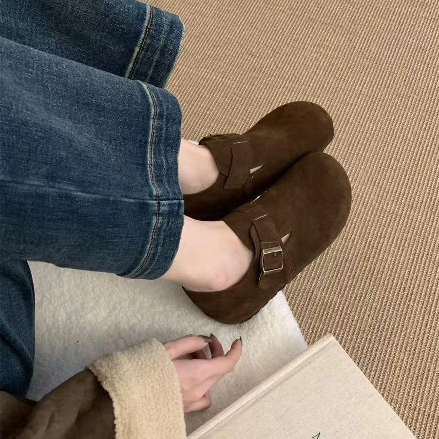 咖啡3993真皮厚底勃肯鞋女2025春秋新款外穿增高博肯包头半拖
