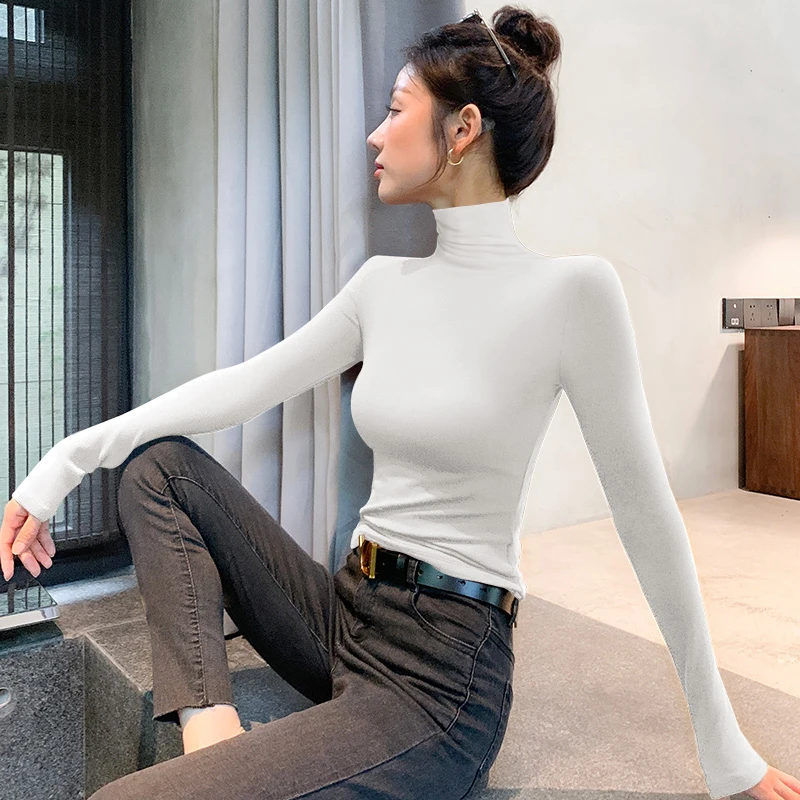 高领打底衫女春秋冬季皮粉色长袖百搭修身显瘦t恤堆堆领T恤上衣女