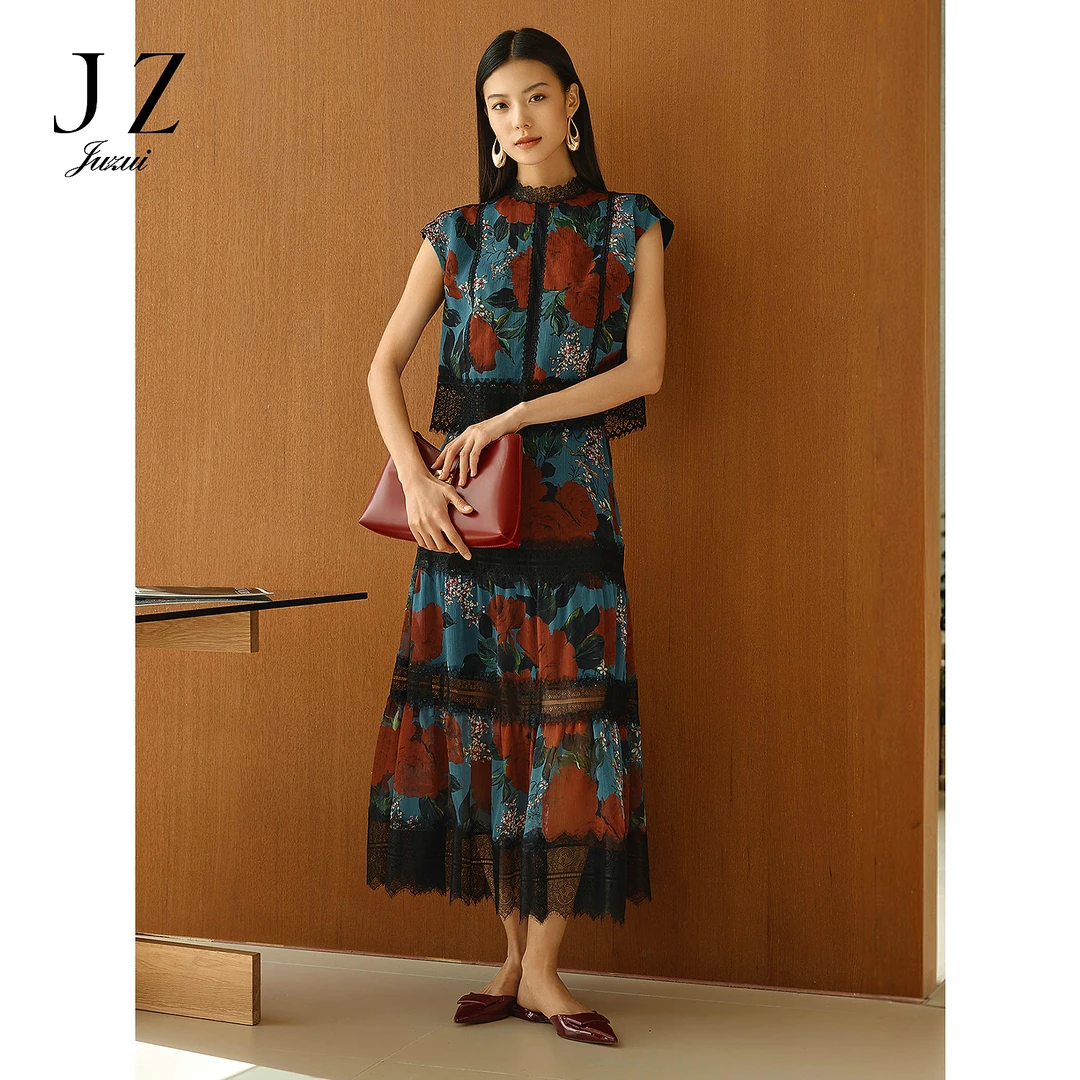 【尚雅专属】JUZUI玖姿JWFC20025商场同款复古度假蕾丝拼接半裙女春