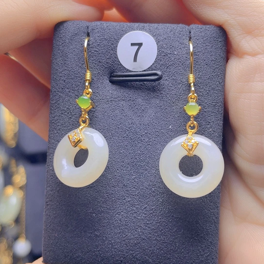 和田玉银S925镀金镶嵌耳饰