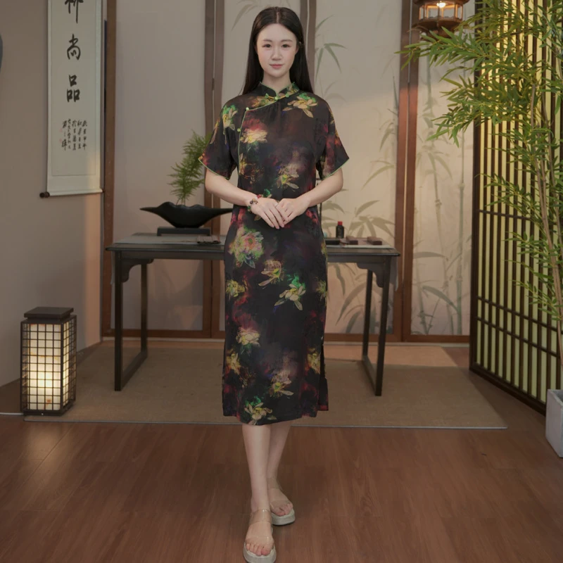 秋1水1芙1蓉新中式立领宽松旗袍连衣裙香云纱HQ2003