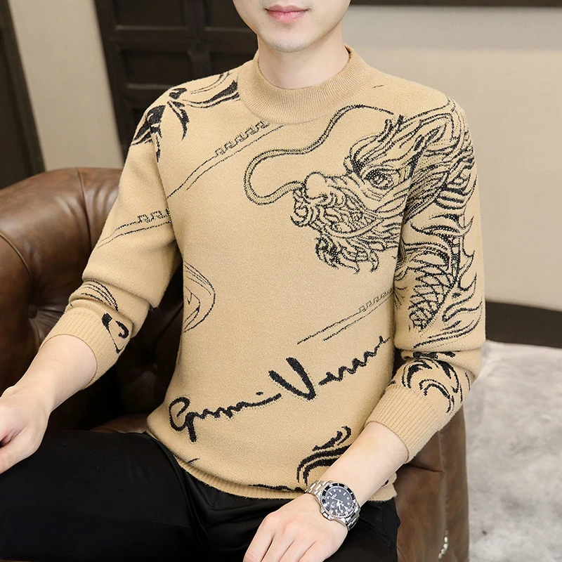 埃卢涅芬男士秋冬季加厚半高领保暖针织打底衫欧货提花烫钻毛衣服