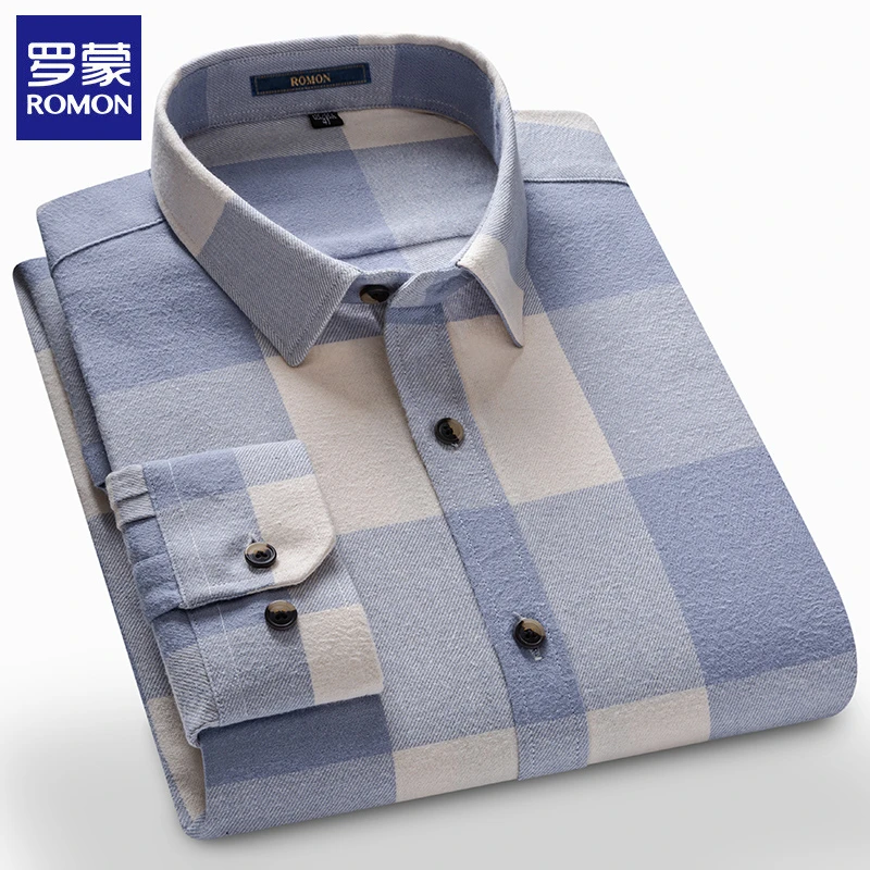 罗蒙纯棉高档男士衬衣长袖新款休闲磨毛大码格子衬衫春秋男款外套